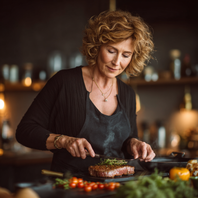 Літня жінка готує здорову їжу